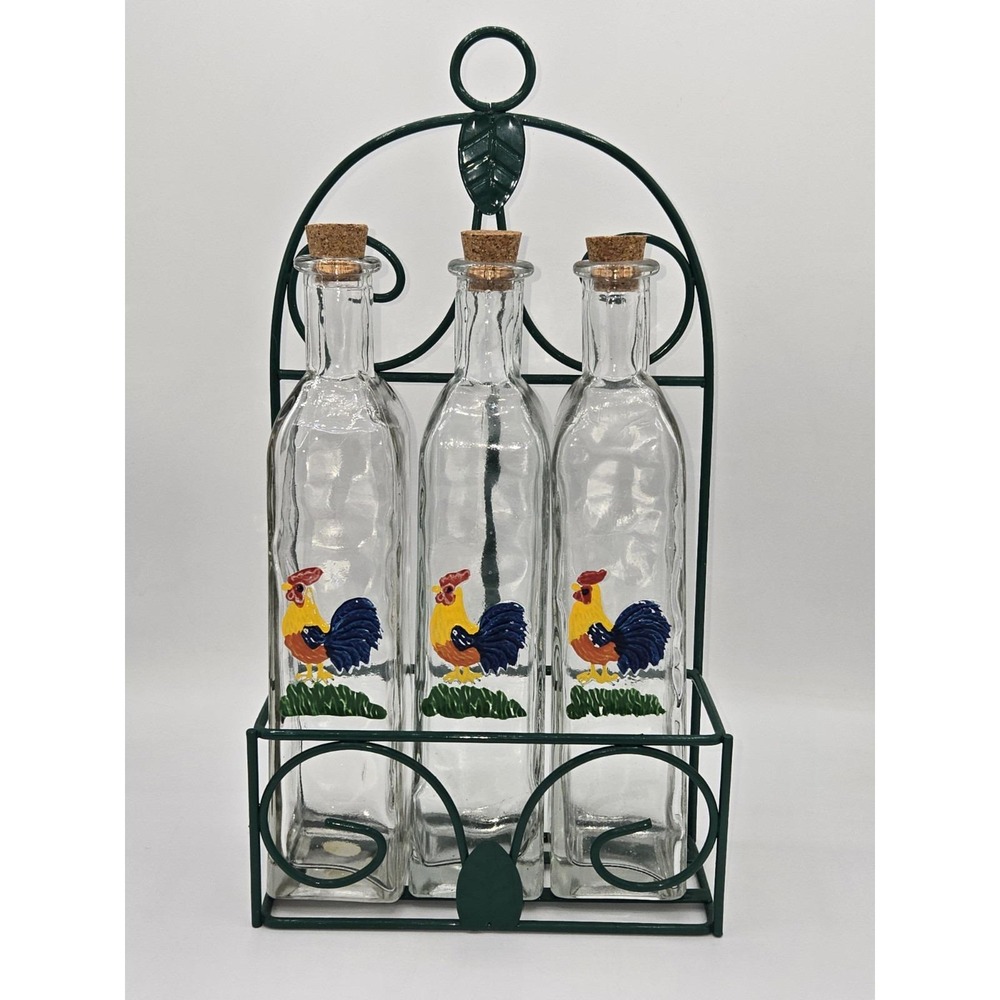Vintage Rooster Oil and Vinegar Glass Bottles In Holder Set of 3